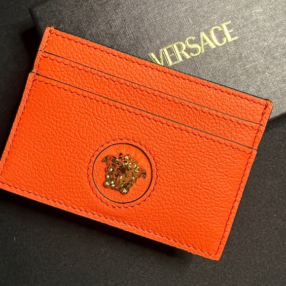 Versace Accessories - Versace Vibrant Orange Card Holder with Gold Medusa